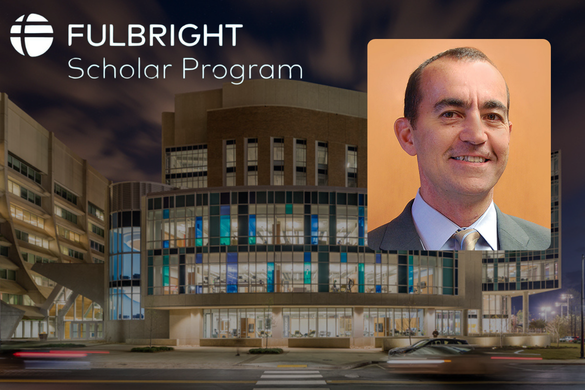 A photo of Yiorgos Kostoulas sits atop a background of the Engineering Science building. Image text reads: "Fulbright Scholar Program."
