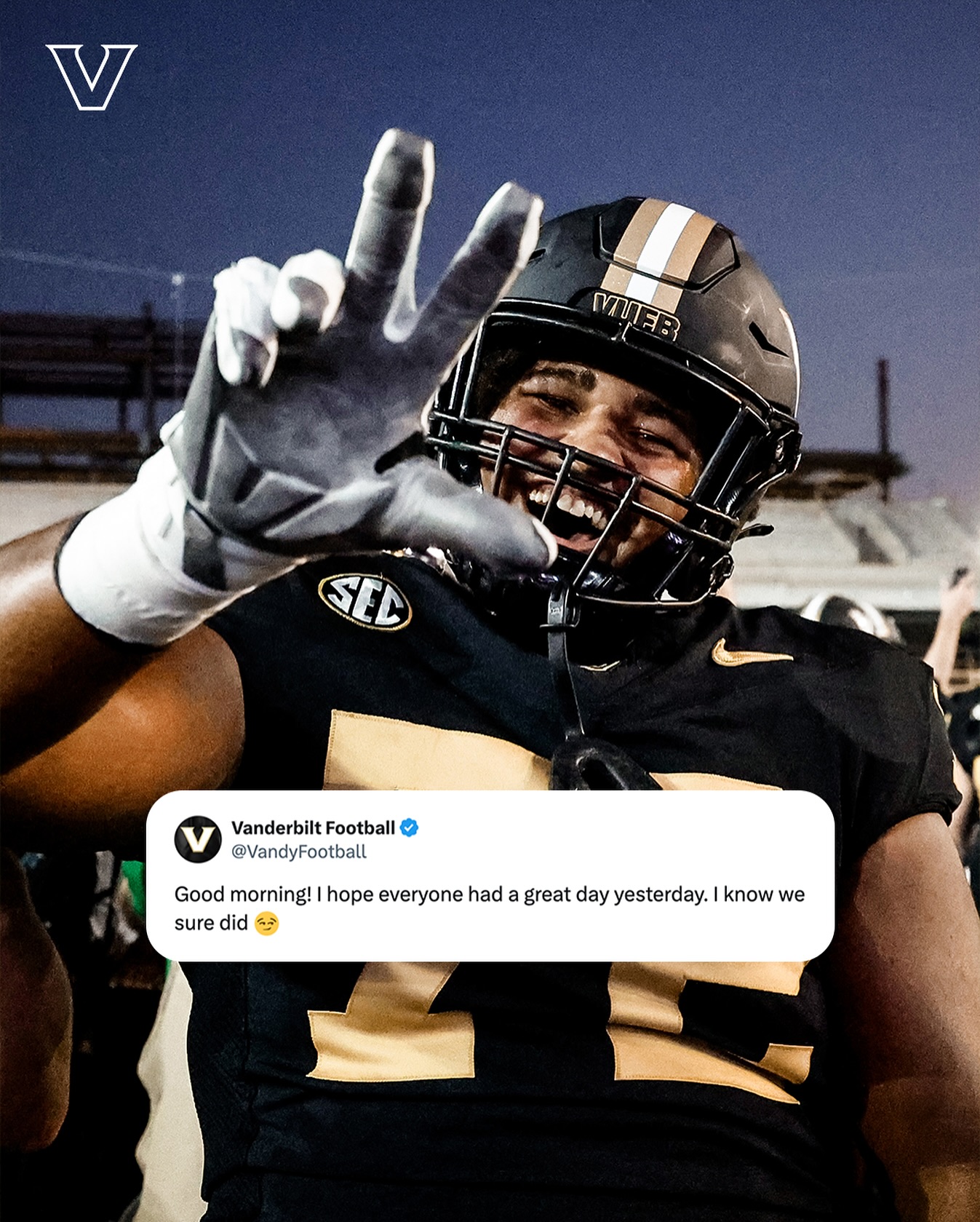 Freshman football team member Josh Raymond gives the V hand sign to the camera. Image text reads: "@VandyFootball: Good morning! I hope everyone had a great day yesterday. I know we sure did *smirk emoji*."