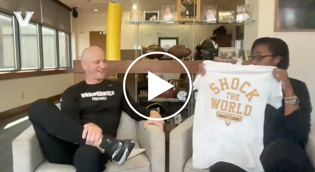 Screengrab of a recording of a webinar with Vanderbilt football coach Clark Lea and Athletic Director Candice Storey Lee.