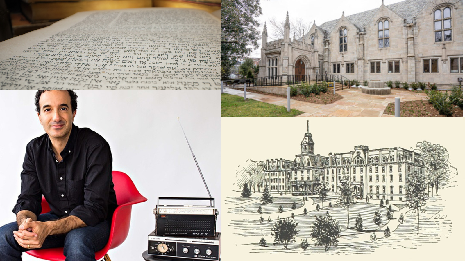 A collage of images of the projects that have received NEH grants. Top left: The Rokhl Brokhes Project (Yiddish on parchment). Top right: Faculty Commons, home of the Special Collections and University Archives. Bottom left: Jad Abumrad seated to the left of an old-school radio. Bottom right: A drawing of Roger Williams HBCU.