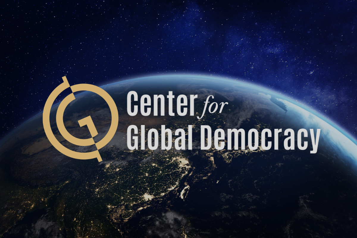 The Center for Global Democracy logo sits atop an aerial image of the Earth.