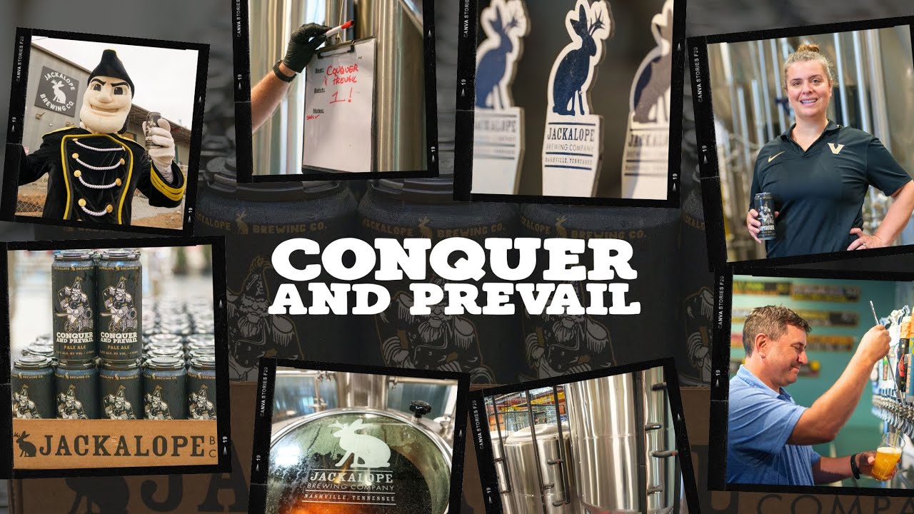 Collage of images showcasing the new Jackalope Brewing x Vanderbilt 'Conquer and Prevail Ale'