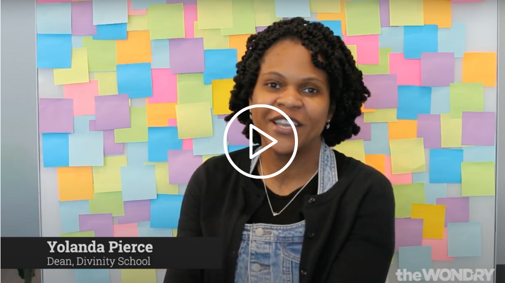 Screenshot of Yolanda Pierce, Dean of the Divinity School against a backdrop of different color post-it notes