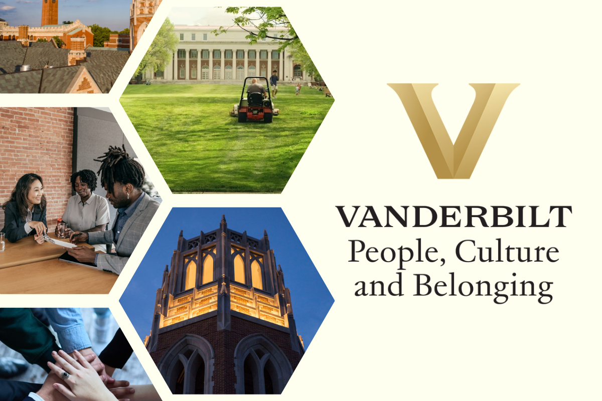Image text reads: "Vanderbilt People, Culture and Belonging." Various images of campus and people working together are shown to the left of the text. 