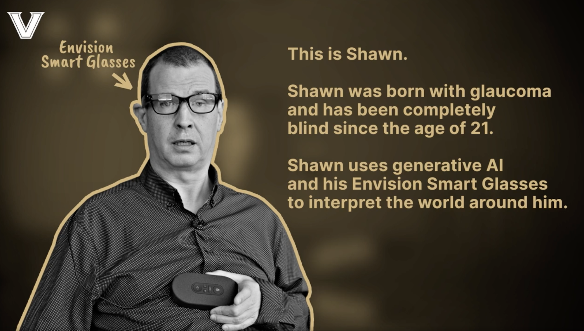 Screengrab of a social media video featuring Shawn Keen, a blind person who uses generative AI and his Envision Smart Glasses to interpret the world around him. 