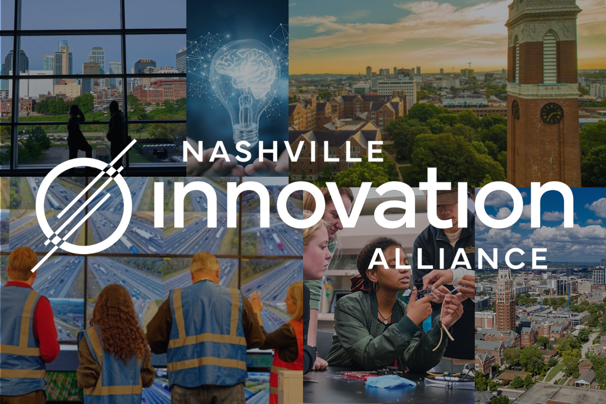 Collage of images featuring researchers, Vanderbilt's campus and downtown Nashville, overlayed with the Nashville Innovation Alliance logo.