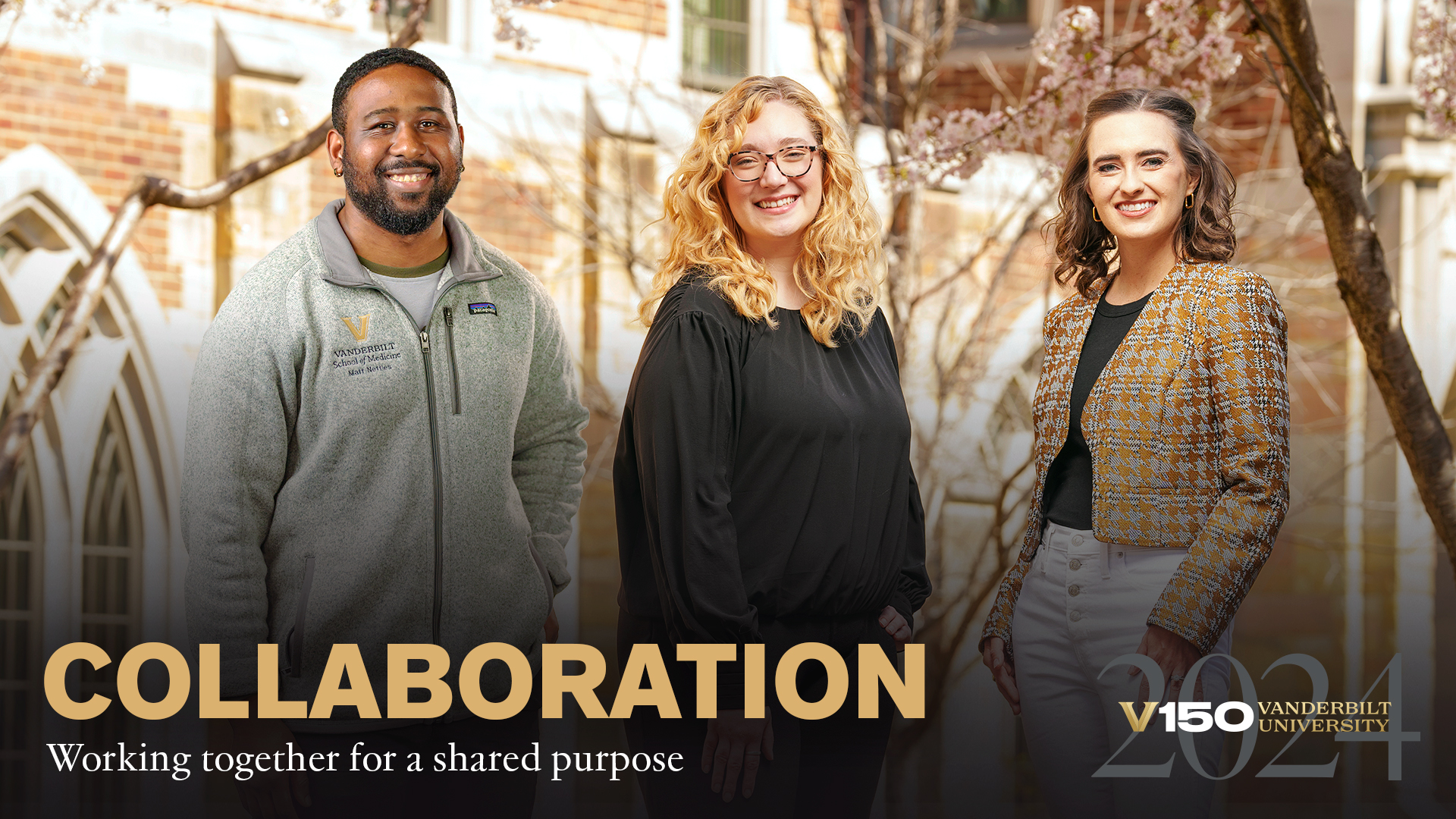 Image text reads: "Collaboration: Working together for a shared purpose." The image features Class of 2024 students Matthew Nettles, Tatum Earp and Rachel Hanebutt.