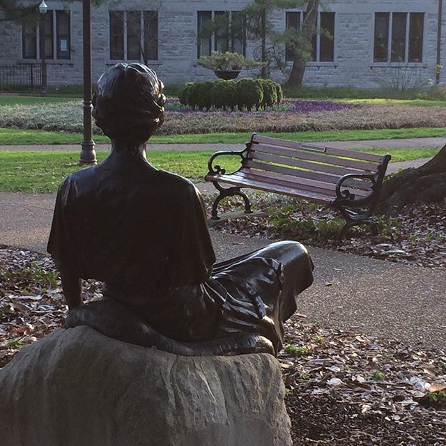 A statue of Margaret Branscomb faces the Garden Club that she founded. 
