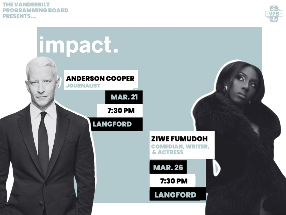 Promotional poster for the 60th anniversary of the IMPACT Symposium, featuring images of Anderson Cooper and Ziwe Fumudoh with event date, time and location details.