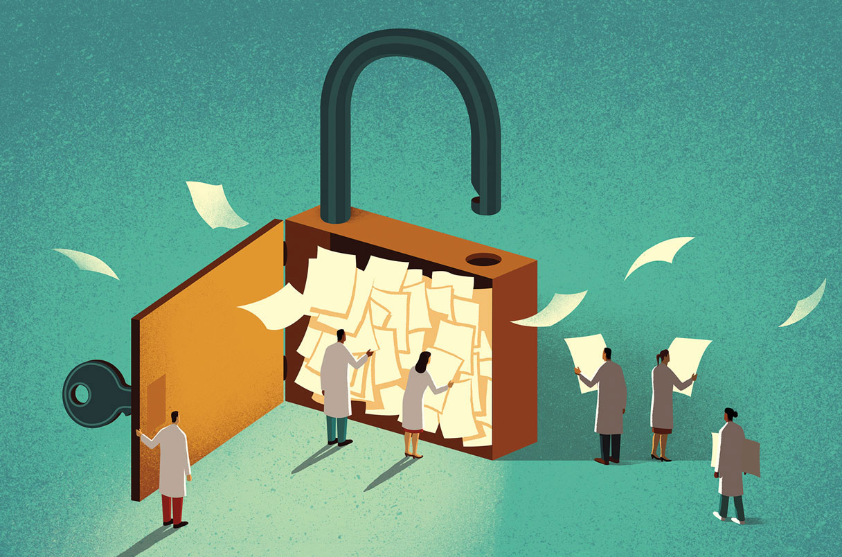 Cartoon image of a lock being opened by a key, with people grabbing papers that are flying out of it, a visual metaphor for open access research.