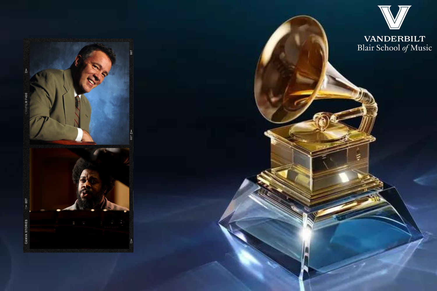 Image background features a Grammy award with the Vanderbilt Blair School of Music logo to the right, and photos of Grammy-winning faculty Edgar Meyer and Dashon Burton overlay on the left. 