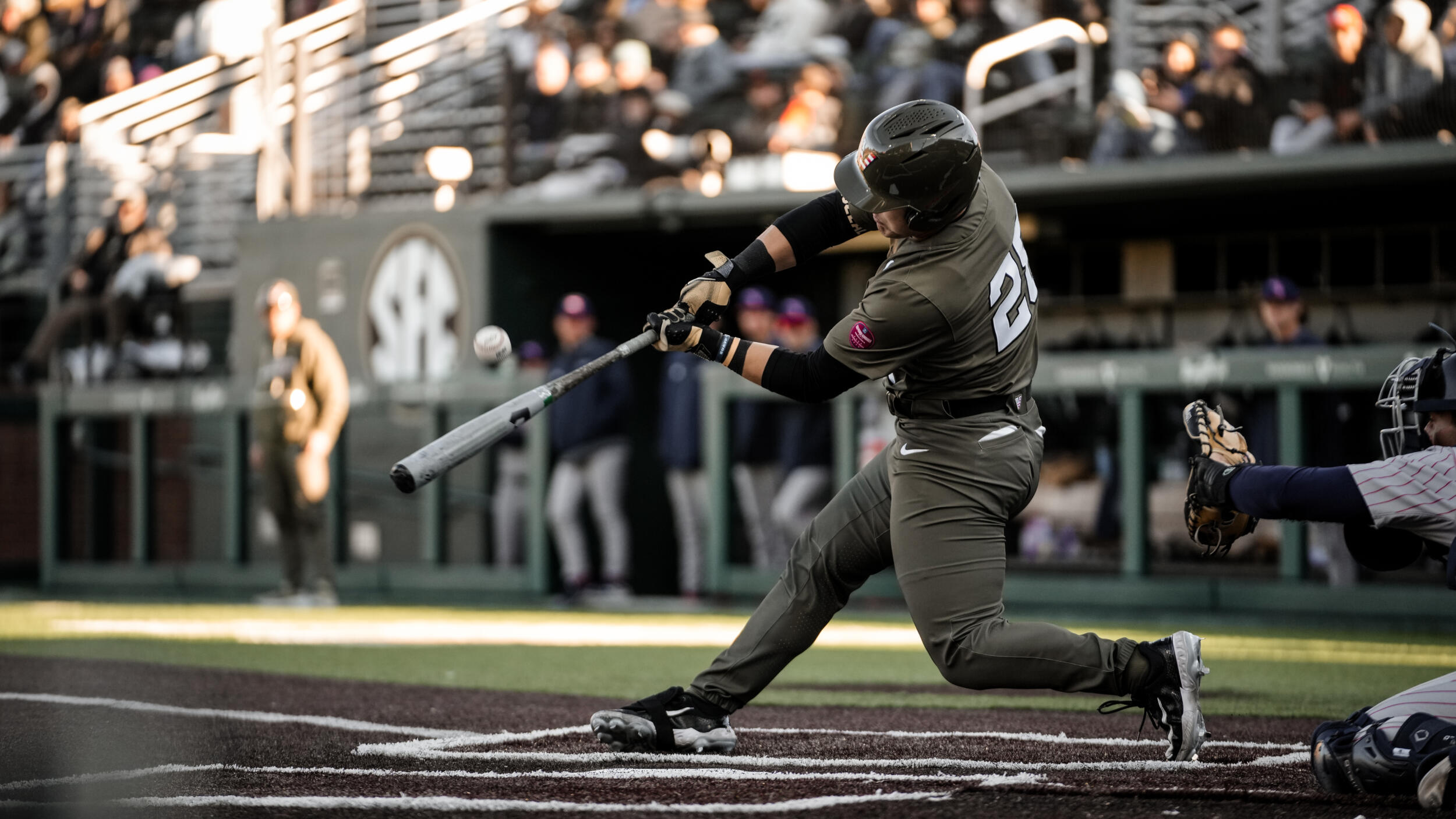 A member of the Vanderbilt baseball team takes a swing during his at-bat.