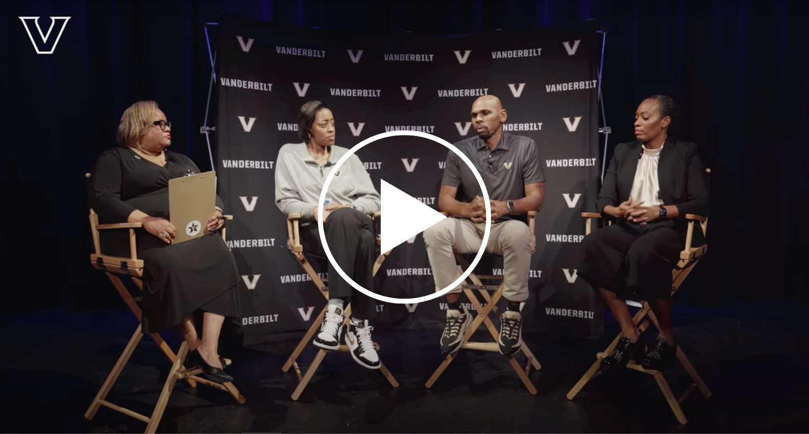 Video still of The Vanderbilt Black Athletic Experience panel discussion featuring (left to right) Myria Carpenter, Candice Storey Lee, Jerry Stackhouse and Althea Thomas. 