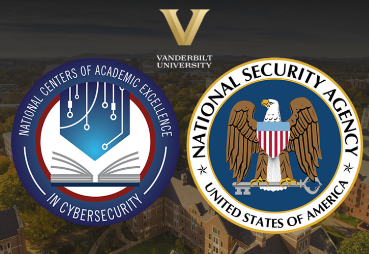 Image includes the logos of Vanderbilt University, National Centers of Academic Excellence in Cybersecurity, and the National Security Agency overlaying an aerial campus shot