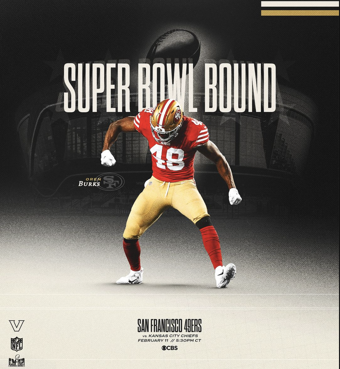 Social media graphic containing an image of Vandy Football alumnus Oren Burks in his 49ers uniform, with the words "Super Bowl Bound"