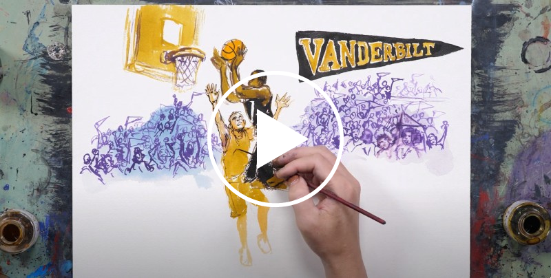 Leading By Example video still, showing a hand drawing two basketball players