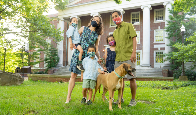 Associate Professor of History and faculty head of Memorial Hall Celso Castilho with his family, wife, Jessica, daughter Luiza, sons Paulo and Jack and dog Chancy.
