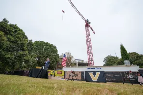 Garland Hall topping out ceremony with Dean McNamara and Vice Chancellor Kopstain. Harrison McClary/Vanderbilt University