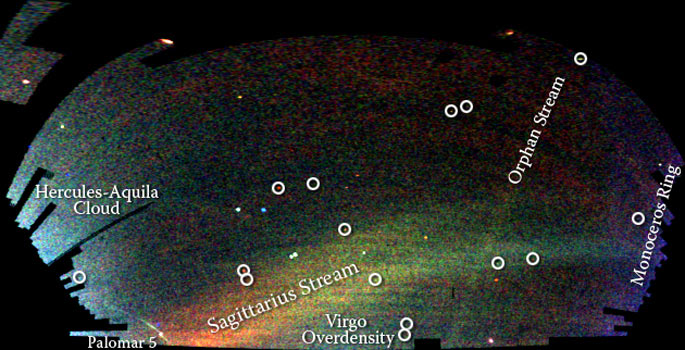 A star map of the outer regions of the Milky Way Galaxy derived from SDSS images. The color indicates the distance of the star. (image courtesy of SDSS III)