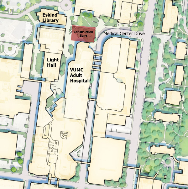 To expand an MRI mechanical room at the Vanderbilt University Medical Center Adult Hospital, a portion of the walkway near Eskind Library and the Adult Hospital will be temporarily closed starting Saturday, Sept. 18.