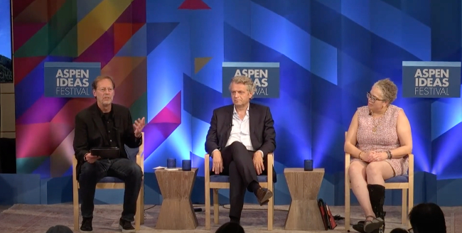 Chancellor Daniel Diermeier (center) on stage at the Aspen Ideas Festival 2022.