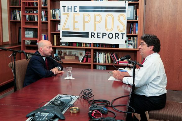 Adm. James Stavridis and Chancellor Nicholas S. Zeppos discuss global leadership and security for "The Zeppos Report." (Vanderbilt University)