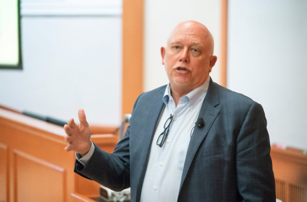 College of Arts and Science Dean John Geer, chair of the Chancellor Search Advisory Committee, discusses the planned search process. (Joe Howell/Vanderbilt)