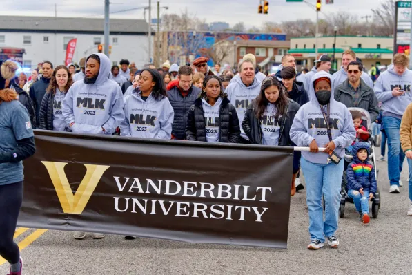 Vanderbilt community members marched together from Jefferson Street Missionary Baptist Church to Tennessee State University’s Gentry Center as part of the 2023 Nashville MLK Day March and Convocation. (Vanderbilt University)