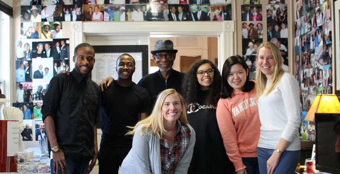 Students from Vanderbilt’s “Design Thinking Design Doing” class presented a concept for the museum space at Jefferson Street Sound. Pictured, l-r, back: Jarrell Pierson, sound engineer; Victor Rounds, senior engineering science undergraduate student; studio owner Lorenzo Washington; Adaiah Ludy, senior undergraduate student in medicine, health and society; You-Ling Wang, senior undergraduate student in child development; Helen Collins, M.Ed learning and design student; and front: Allison Thompson, leadership and organizational performance graduate student. (image provided)