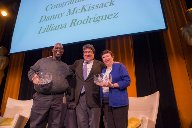 Chancellor Nicholas S. Zeppos is flanked by the winners of the 2017 Commodore Award, Danny McKissack (left) and Lilliana Rodriguez (right). (Anne Rayner/Vanderbilt)