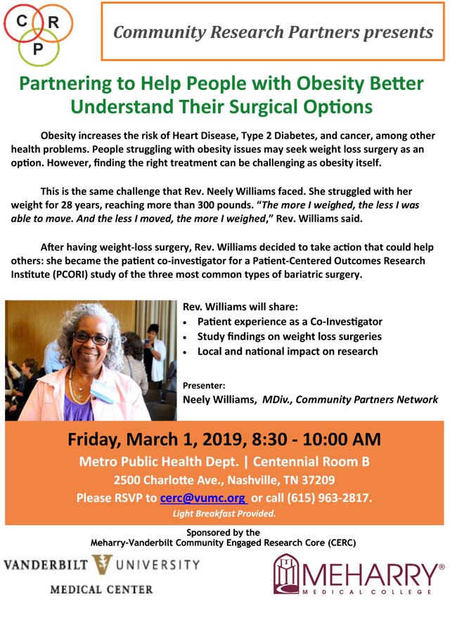 The Meharry-Vanderbilt Community Engaged Research Core will sponsor “Partnering to Help People with Obesity Better Understand Their Surgical Options” on Friday, March 1. (poster)