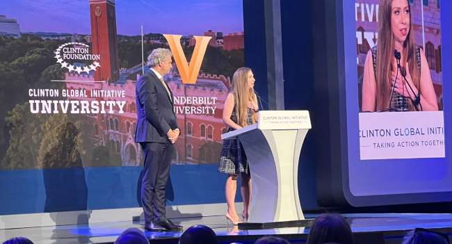 Chancellor Daniel Diermeier and Chelsea Clinton at the Clinton Global Initiative University announcement on Sept. 20, 2022.