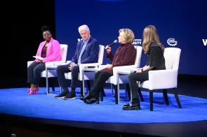 Left to right: CGI U CEO Ragina Arrington, former President Bill Clinton, former Secretary of State Hillary Clinton and Chelsea Clinton on stage in Langford Auditorium (Vanderbilt University)