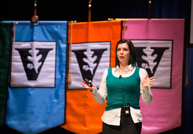 The assembly kicked off with a presentation titled “Music of the Spheres: The Spacetime Symphony of Gravitational Waves” by Kelly Holley-Bockelman, associate professor of astrophysics. (Joe Howell/Vanderbilt)