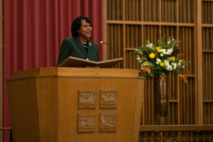 Dean Yolanda Pierce speaks at the Divinity School's 2023 Cole Lecture on Oct. 16 in Benton Chapel. (Joe Howell/Vanderbilt)