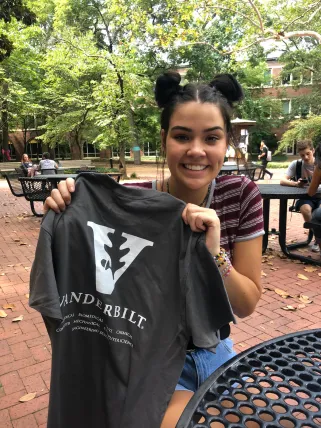 Lucy Britto shows off her School of Engineering shirt her first year at Vanderbilt. (Submitted photo)