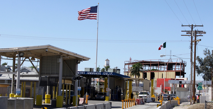 The border crossing buildings between the United States town of Andrade and the Mexican town of Algodones near Yuma Arizona