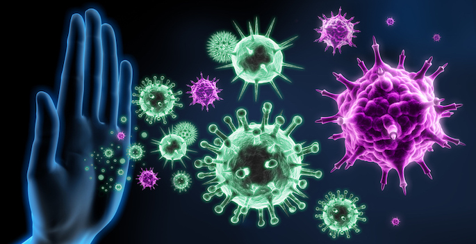 Immune system concept: Illustration of a hand blocking the passage of a variety of bacteria and viruses