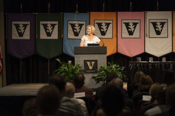 Interim Chancellor and Provost Susan R. Wente addresses faculty at the 2019 Fall Faculty Assembly on Aug. 22. (Joe Howell/Vanderbilt)