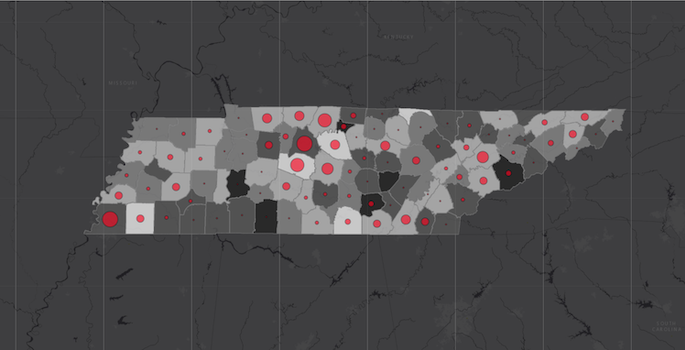 Black and white map of Tennessee showing county lines, dotted with red circles whose size represents the number of cases in each county.