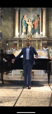 Crocker performing at a church in Acqui Terme, Italy. Crocker participated in the Interharmony International Music Festival, studying with Blair Professor Amy Jarman.