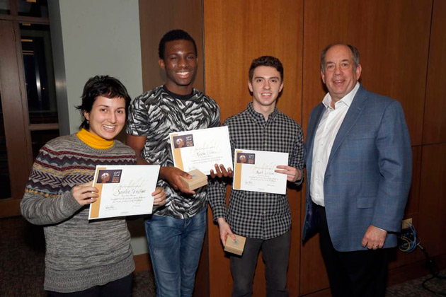 Sophia Druffner, Kevin Ifiore and Kurt Lezon—first place winners in the Library Design Challenge—with David Blum, A&S '77 and Wild Bunch member. (Vanderbilt University)