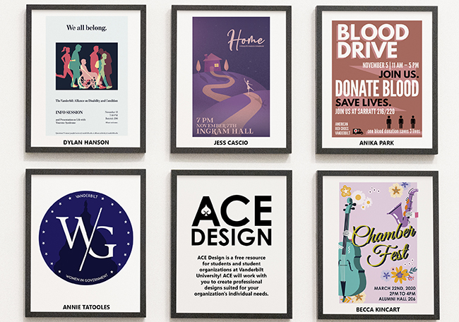 A new exhibit available online celebrates the work of the talented student artists who comprise Vanderbilt’s ACE Design team. (Collection of art pieces on the wall)