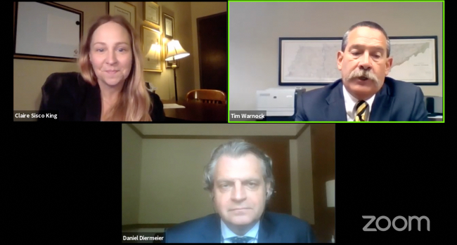 Zoom virtual gathering featuring (clockwise from top left) Professor Claire Sisco King, Alumni Association Board President Tim Warnock and Chancellor Daniel Diermeier. (Vanderbilt University)