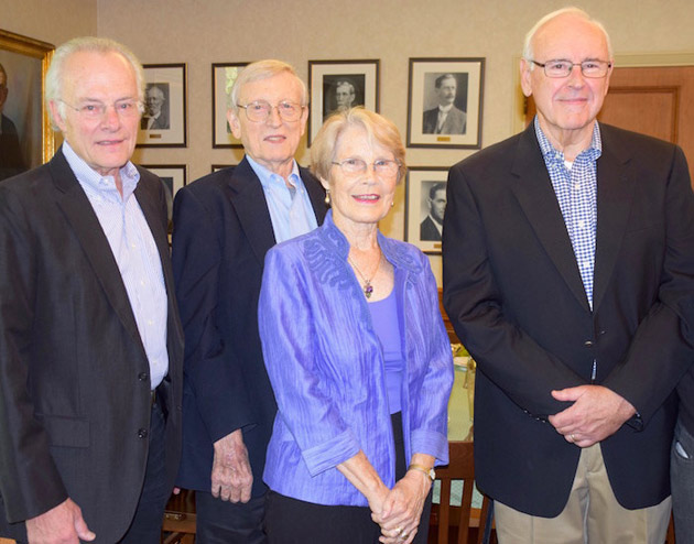 L-r: Doug Knight, Gene TeSelle, Penny TeSelle, and Doug Meeks at a luncheon for emeritus faculty and spouses hosted by Dean Emilie Townes. (Vanderbilt University)