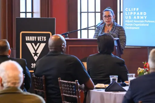 Bass Military Scholar Vanessa Morales speaks at Vanderbilt's Veterans Day breakfast, 2023. (Vanderbilt)