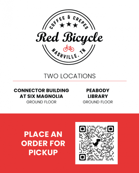 Red Bicycle Two locations Connector Building at Magnolia, Peabody Library, Place an Order for Pickup