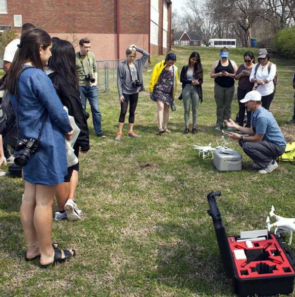 Seattle artist Tivon Rice leads a site-specific workshop on mapping with drones. (Vesna Pavlovic/Vanderbilt)