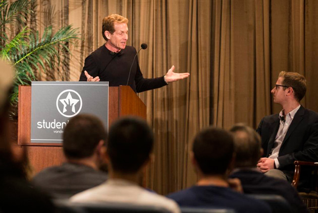 Skip Bayless, BA'74, conducted a Q&amp;A with student media and alumni April 20. Sitting to Bayless' right is Vanderbilt Student Communications' Cutler Klein, who introduced Bayless at the event. (Joe Howell/Vanderbilt)