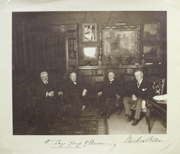 President Woodrow Wilson (far right) with David Lloyd George, Georges Clemenceau and Vittorio Emanuele Orlando at the signing of the Treaty of Versailles. Photograph, June 28, 1919. (James G. Stahlman Autograph Collection, Vanderbilt University Special Collections)